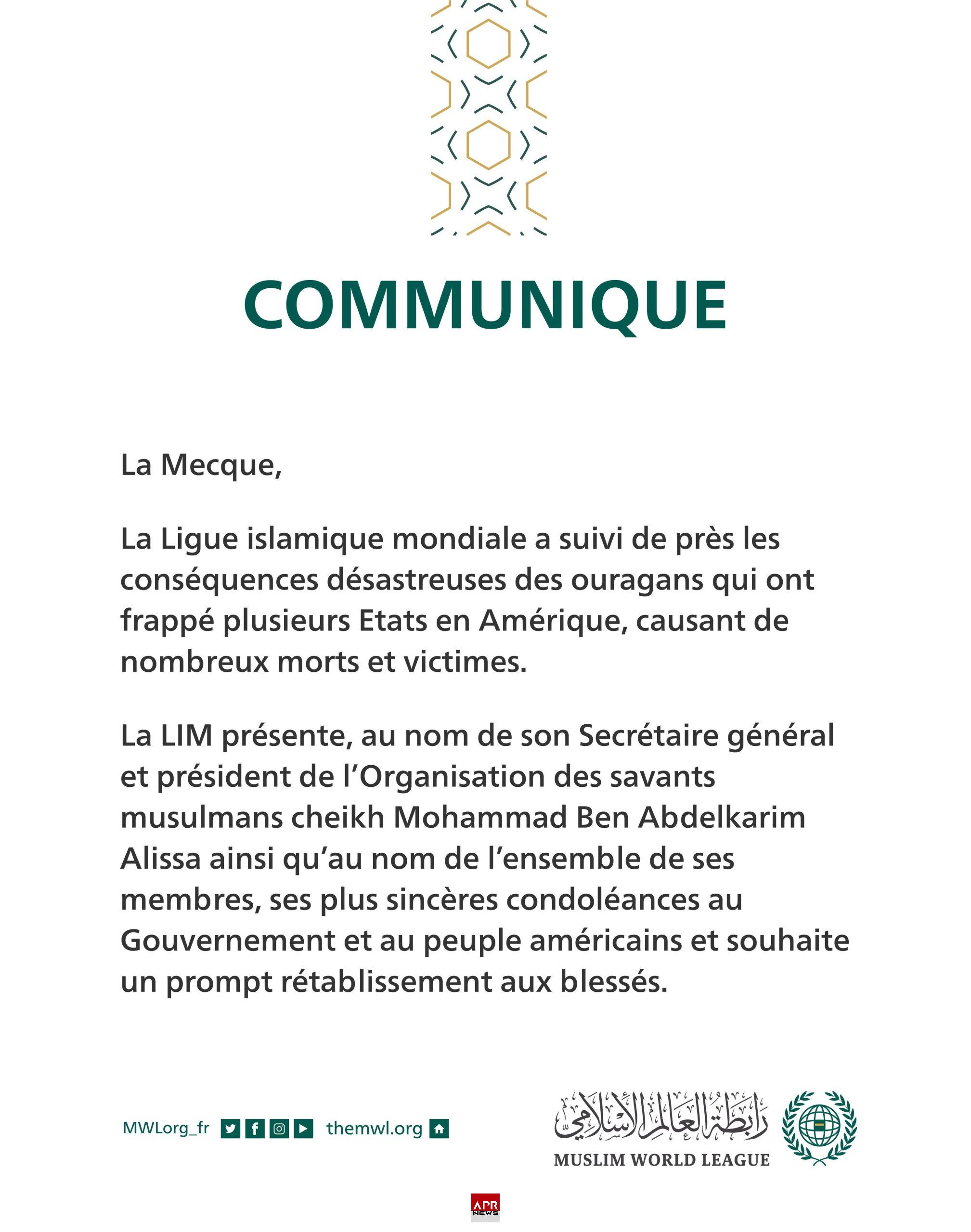 Communiqué de la Ligue Islamique Mondiale