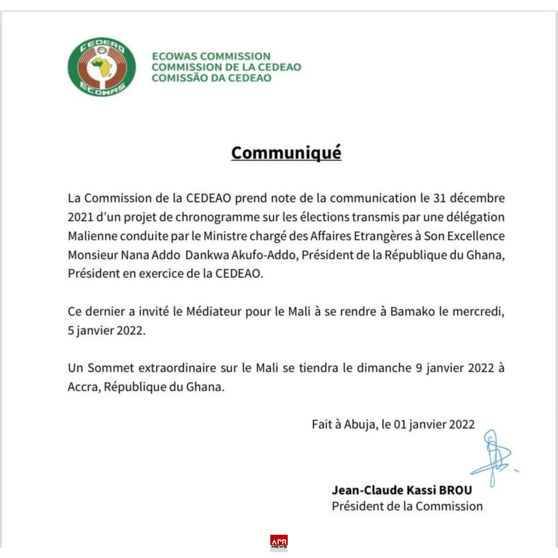 La réunion de la Commission de la CEDEAO sur le cas Malien annonce la tenue d’un sommet le 9 janvier 2022.